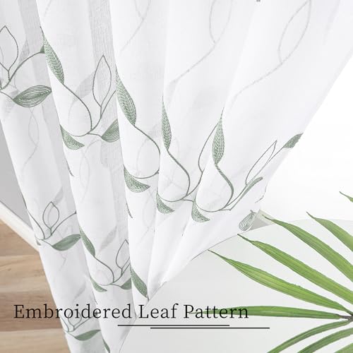 Tollpiz Sage Green Leaf Sheer Curtain Bedroom Short 38 x 45 Inches - color: Sage Green, size: 38"W x 45"L (Pack of 2)
