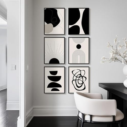 Framed Black and White Modern Abstract Wall Art for Living Room, 6 Pieces - color: Black and White
