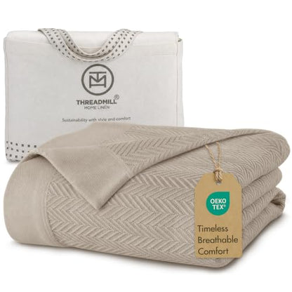 Threadmill Luxury 100% Cotton Twin Herringbone Blanket, Sand - color: Sand, size: Twin (68" x 92")