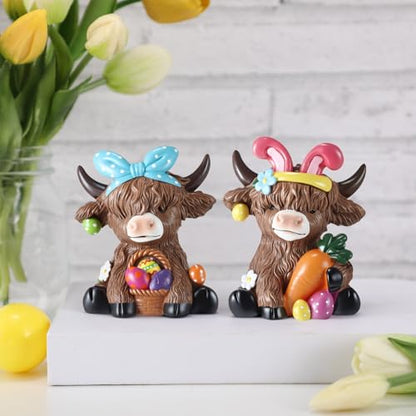 Karenhi 2 Pcs Highland Cow Figurines Resin, Bunny Ears Spring Decor - style: Easter