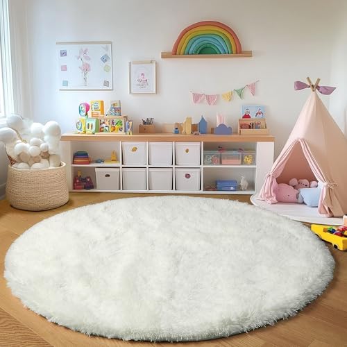 Cream White Fluffy Round Rug Circle Area Rugs 4ft for Kids Teen Bedroom - color: Cream White, size: 4' (Round)