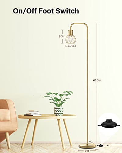 Brass Gold Standing Floor Lamp for Living Room - Modern Industrial Design with 6W LED Bulb, Foot Switch, Metal Tall Stand, Minimalist Farmhouse Boho Style for Bedroom & Office - style: Gold Industrial Floor Lamp