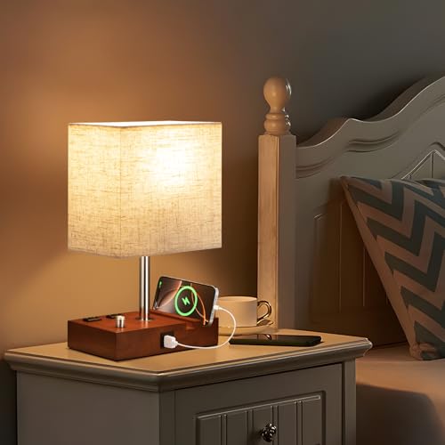 Brown Wood Grain Bedside Lamp - Stepless Dimmable, USB C+A, 2 AC Outlets - color: Brown Wood Grain with Knob Switch, size: 1 Pack
