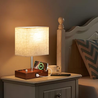 Brown Wood Grain Bedside Lamp - Stepless Dimmable, USB C+A, 2 AC Outlets - color: Brown Wood Grain with Knob Switch, size: 1 Pack