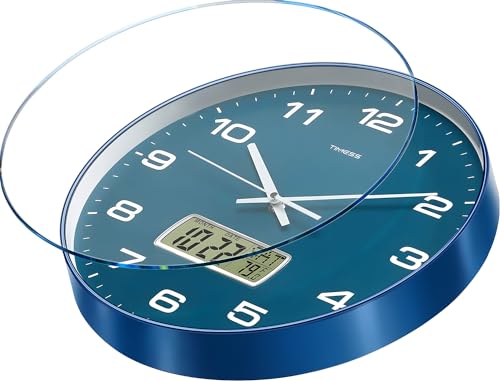 TIMESS 12-Inch Non-Ticking Analog Wall Clock with LCD Display, Blue - color: Blue, size: 12 Inch