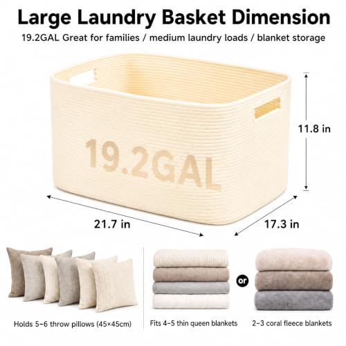 19.2GAL Sturdy Large Laundry Basket with Handles for Bathroom, Dorm Dirty Clothes, Portable Aesthetic Boho Cute Woven Storage Cushion Blanket Baskets for Living Room Decor Girls Boys Pets Toys Beige - color: Beige, size: 19.2GAL