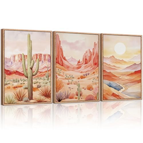 HLNIUC Boho Desert Plant Framed Canvas Wall Art Set,Southwestern Sun Mountain Wall Decor,Cactus Sunset Landscape Wall Painting,Watercolor Abstract Desert Art Prints for Living Room,Bedroom - 16”x24”x3 - color: Boho Desert, size: 16"L x 24"W