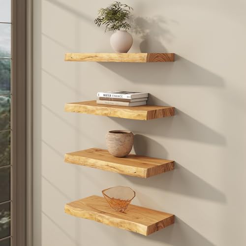 fuqing Live Edge Floating Shelves for Wall, 20 Inch Solid Elm Wood Shelves - color: Natural Elm Live Edge - 8"d, size: 20"L - 2Packs
