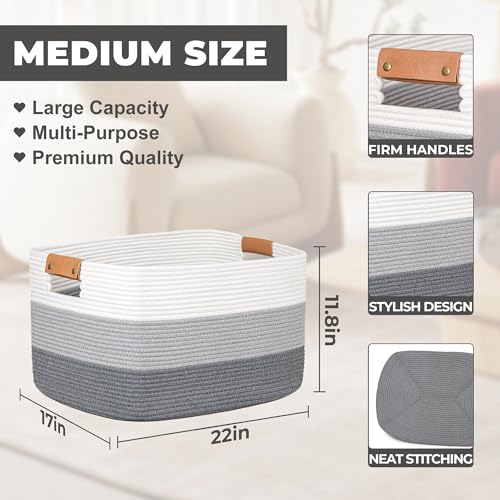 danpinera Blanket Basket, 72L Rectangle Large Basket for Living Room, Baby Room & Laundry, Woven Cotton Rope Toy Bin Baby Nursery Room Storage, 22’’*17’’*11.8’’, Gradient Grey - color: Gradient Grey, size: 72L