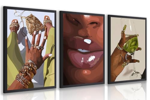 Hianan Wood Framed Fashion Black Woman Wall Art Set of 3, 12x16 in - color: Yellow-Green(Wood), size: 16"L x 12"W