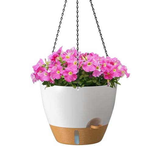 ZMTECH 12 Inch Large Self Watering Hanging Planters for Indoor Outdoor Plants - Water Level Indicator & Removable 60 Oz Reservoir, 1 Pack Plastic Hanging Basket for Window Porch Garden Balcony, White - color: White, size: 12 Inch