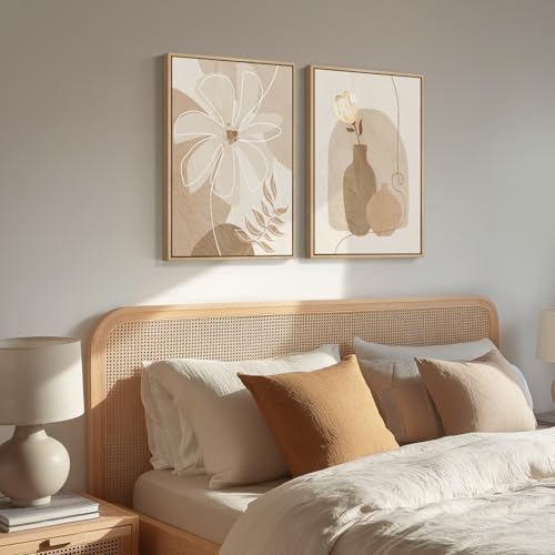 Large Framed Neutral Beige Boho Abstract Floral Wall Art Bedroom, Set of 2 - color: Neutral Beige, size: 20" W x 30" H x 2Pcs