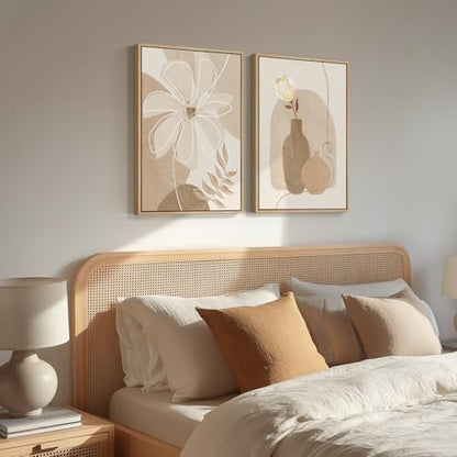 Large Framed Neutral Beige Boho Abstract Floral Wall Art Bedroom, Set of 2 - color: Neutral Beige, size: 20" W x 30" H x 2Pcs