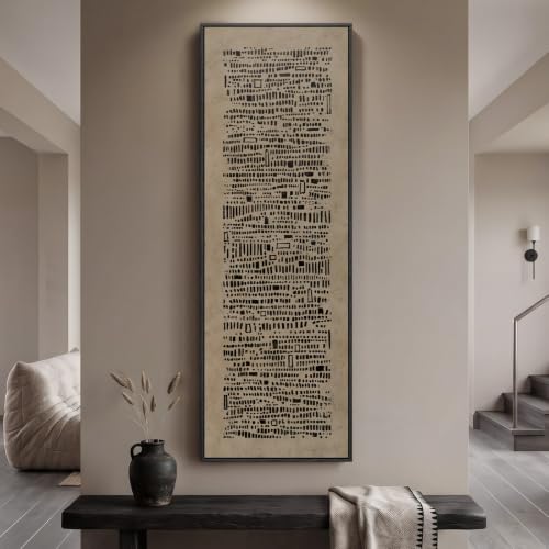 Large Framed Wabi Sabi Abstract Wall Art, Long Narrow Vertical 20x60 In - color: Black Marks B, size: 60"L x 20"W