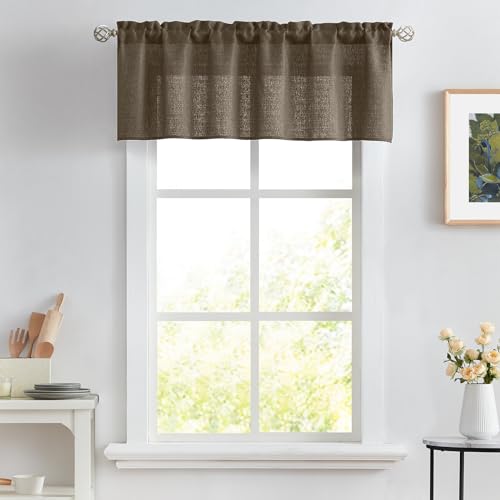 Melodieux Brown Semi Sheer Curtain Valance for Kitchen Cafe Small Windows Linen Rustic Rod Pocket Valance, 52 by 18 Inch, 1 Panel - color: Dark Brown, size: 52"W x 18"L (Pack of 1)