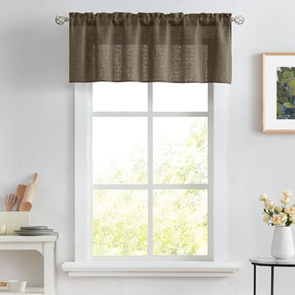 Melodieux Brown Semi Sheer Curtain Valance for Kitchen Cafe Small Windows Linen Rustic Rod Pocket Valance, 52 by 18 Inch, 1 Panel - color: Dark Brown, size: 52"W x 18"L (Pack of 1)