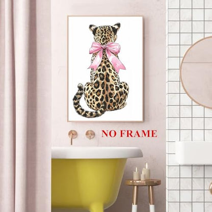 Funky Leopard Wall Art Pink Bow Picture Trendy Cheetah Wall Art Aesthetic Leopard Poster Preppy Cheetah Posters Preppy Bow Paintings Aesthetic Animal Posters for Living Room Dorm 16x24in Frameless - color: Leopard
