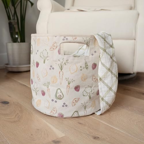 Crane Baby Clementine Canvas Storage Bin, Nursery Hamper and Baby Storage Basket for Toys, Clothes, and Diapers, Toy Baskets, Fabric Nursery Basket, Garden Fruits and Veggies Print, 13" x 12" - size: 13 x 12 Inches, style: Fruits & Veggies