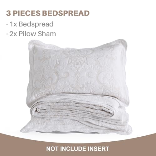 100% Cotton Oversized Bedspread Quilt Coverlet Set, 128"x120" - color: White/Beige Embroidery, size: Extra Wide Super King(128"x120")