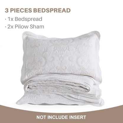 100% Cotton Oversized Bedspread Quilt Coverlet Set, 128"x120" - color: White/Beige Embroidery, size: Extra Wide Super King(128"x120")