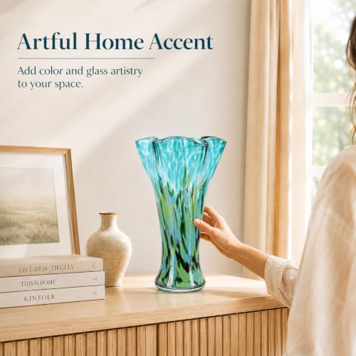 LCCCK 9.0" H Teal Green Glass Vases for Flower,Unique Hand Blown Glass Vase - color: Teal Green