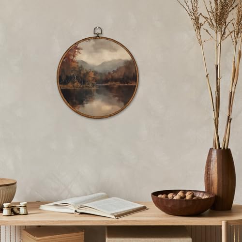 Voxitura Vintage Fall Landscape Wall Art Round Framed, Farmhouse Lake Wall Decor Canvas Hanging Living Room, Rustic Autumn Paintings Prints Artwork Decorations for Bedroom Thanksgiving 10x10in - color: Fall lake