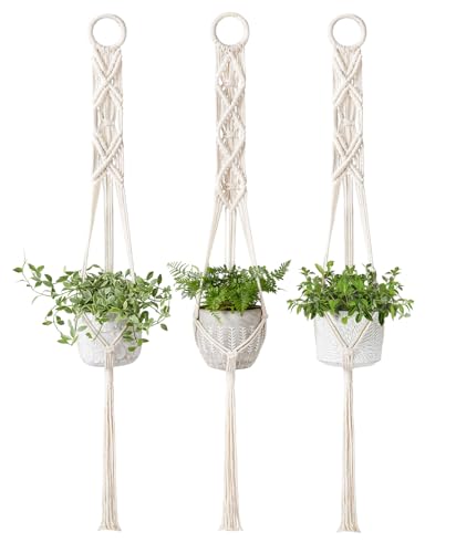 Mkono 3 Pack 39 Inch Macrame Plant Hangers Indoor Wall Hanging Planter Basket Flower Pot Holder Boho Home Decor, Ivory
