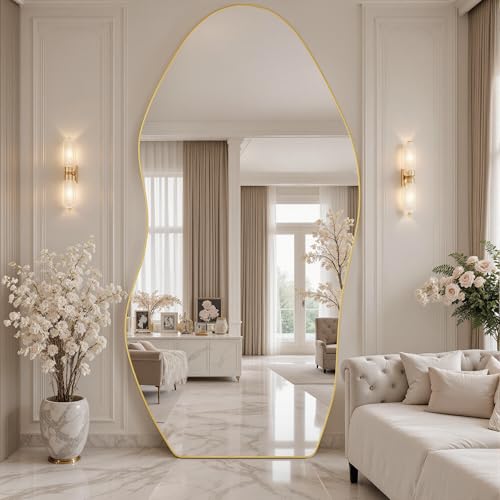 Antok Irregular Full Length Mirror, 81"x41" Asymmetrical Floor Mirror with Stand, Standing Hanging Leaning Irregular Mirrors for Bedroom Living Room Entryway, Wavy Shaped, Golden - color: Gold, size: 81"L x 41"W, style: Wavy Shaped Style