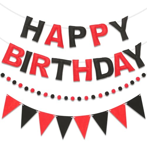 Pre-Strung Felt Happy Birthday Banner Red Black Garland Set - color: Black Red
