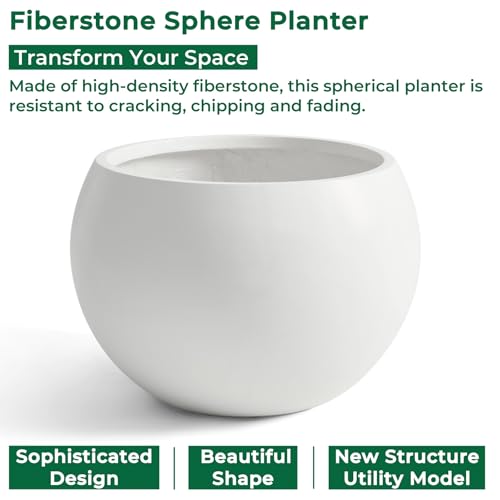 21.3"Dia x 14.8"H Extra Large Fiberstone Sphere Planter, White Round Pots - color: White, size: Extra Large