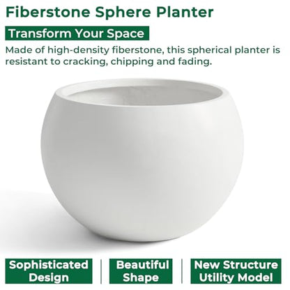 21.3"Dia x 14.8"H Extra Large Fiberstone Sphere Planter, White Round Pots - color: White, size: Extra Large