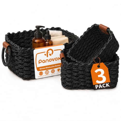 Small Wicker Baskets, 3 PCS Paper Rope Baskets for Shelves, Black - color: Black