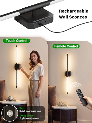 Battery Operated Wall Sconces Set of Two, Wireless Wall Lights Touch & Remote Control Rechargeable LED Wall Lamp 2700K-6000K Dimmable Lights for Living Room Bedroom Bathroom Hallway( 29 ", Black) - color: Black