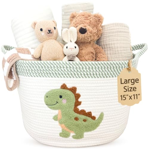 Dinosaur Baby Storage Basket, Woven Cotton Rope Nursery Bin, 15x11 in - color: Dinosaur