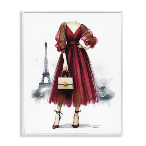 'Parisian Fashion Red Dress'| Framed Giclee Art - color: Coastal White (Textured), size: 14"L x 11"W