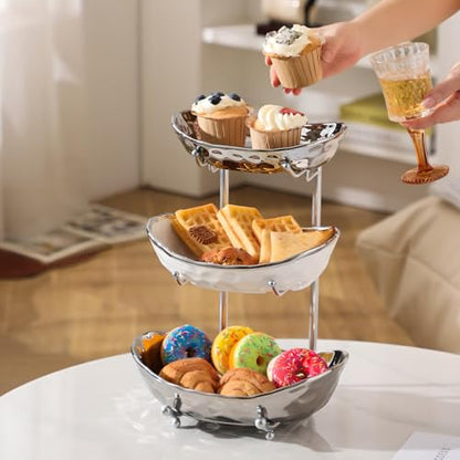 XUDREZ 3 Tier Fruit Bowl with Metal Stand for Kitchen Counter, Ceramic White Gold Silver, Tiered Fruit Basket for Nuts, Snacks, Bread, Candy Storage (Silver) - color: Silver