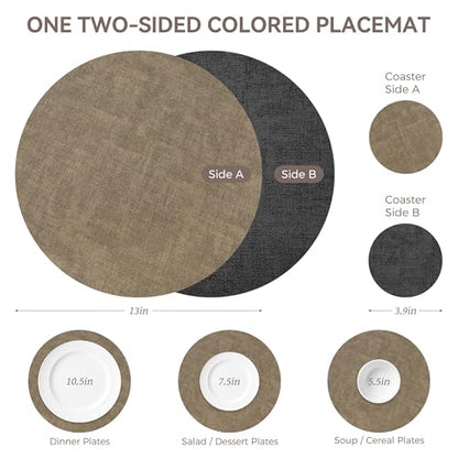 NCUE 13" Faux Leather Round Placemats Set of 4, Reversible Dual-Color - color: Deep Gray Light Coffee