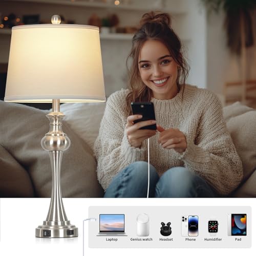 CINSARY Silver Table Lamp for Living Room, 29" Bedside Lamp with USB C+A - color: Silver