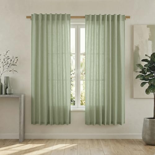 Mrs.Naturall Sage Green Linen Curtains 63 Inch Length, Back Tab Cottagecore Farmhouse Light Filtering Semi Sheer Window Drapes for Bedroom Living Room 63 Inches Long, Light Green - color: Sage Green, size: 52"W x 63"L (Pack of 2)
