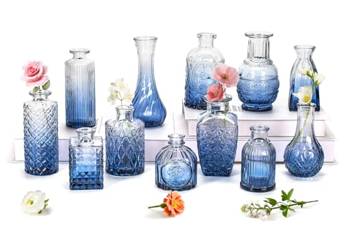 Clear Gradient Blue Glass Bud Vase Set of 12 Pcs,Small Bud Vases in Bulk,Glass Crystal Flower Vases Table Centerpieces for Party Event Wedding Decor Baby Shower Decorations (Gradient Blue, 12 Pcs) - color: Gradient Blue, size: 12 Pcs