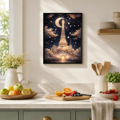 Framed Canvas Wall Art Paris Eiffel Tower Moon Night Wall Decor, 12x16 Inch - color: Gold2