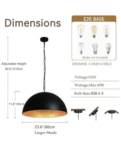 23.6 Inch Large Dome Pendant Light- Black and Gold Pendant Light with Gold Leaf Interior, Farmhouse Industrial Chandelier for Long Dining Table, Bar, Cafe - size: 23.6" Dome