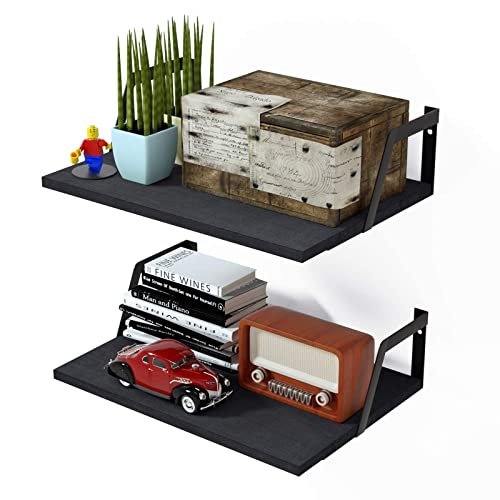 SRIWATANA Floating Shelves Wall Mounted Set of 2 Rustic Wood Shelves with Large Capacity(Black - color: Black