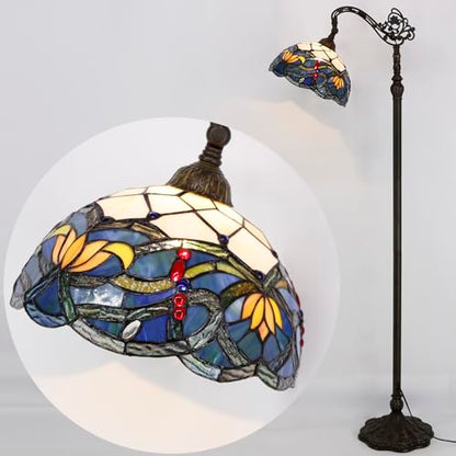 WERFACTORY Tiffany Floor Lamp Blue Lotus Flower Stained Glass Arched Lamp