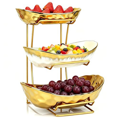 Fruit Bowl for Kitchen Counter, 3 Tier Gold Trim Ceramic Fruit Stand Basket for Countertop, Fruiti and Vegetable Rack with Thickened Metal Holder, Vegetable Dessert Nuts Storage (Gold) - color: Gold