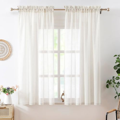Natural White Flax Linen Sheer Curtains for Living Room Bedroom 52"x63" 2pk - color: Off White ( Flax Linen Blend- Oatmeal Shade ), size: 52"W x 63"L (Pack of 2)
