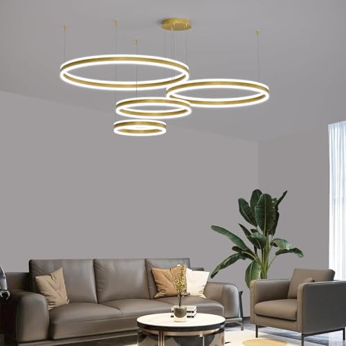 Modern LED Chandelier Light, 4 Ring Gold Pendant Lighting Fixture, Adjustable Hanging Ceiling Lamp for Dining Room, Kitchen Island, Entryway, Living Room, Dimmable Dining Light Over Table