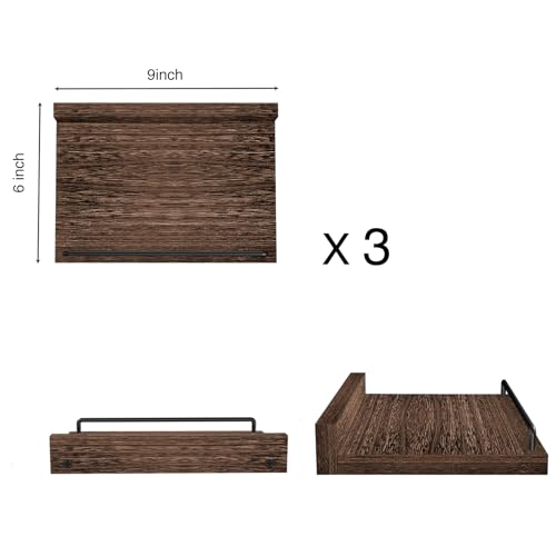 RYOFOBETTO Small Floating Shelf, 6 X 9 Inches Farmhouse Wall Shelves for Living Room, Bedroom, Picture Frames, Plants, Kitchen, Set of 3 (Brown) - color: Dark Brown, size: 9"