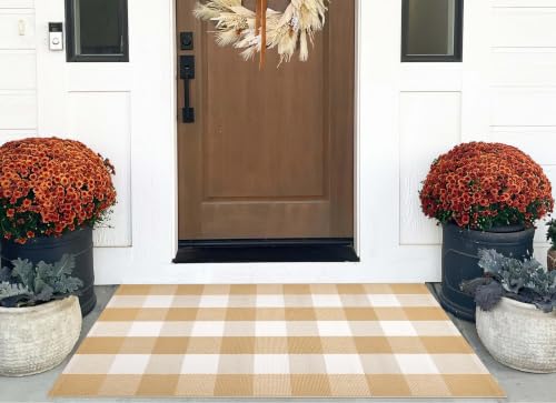 Khaki and White Layered Doormat 27.5"x43.3",Checkered Farmhouse Porch Rug - color: Khaki White, size: 2'4" x 3'7" (Rectangular)