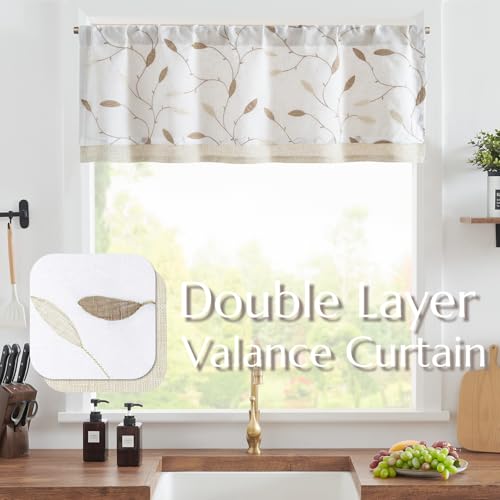 jinchan Sheer Valance for Window Gold Leaf Embroidered 18 Inch 1 Panel - color: Leaves | Gold on White